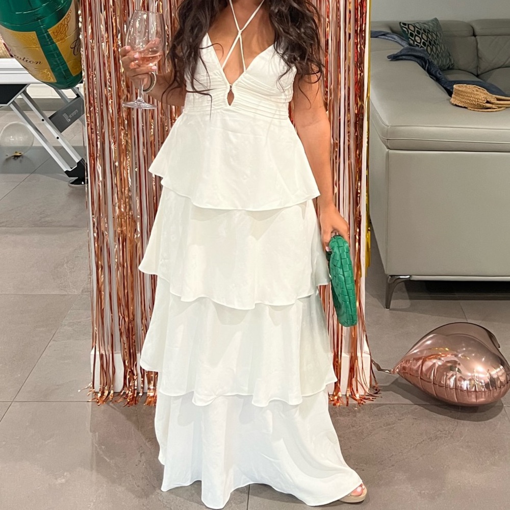 Line and dot white maxi cut out dress